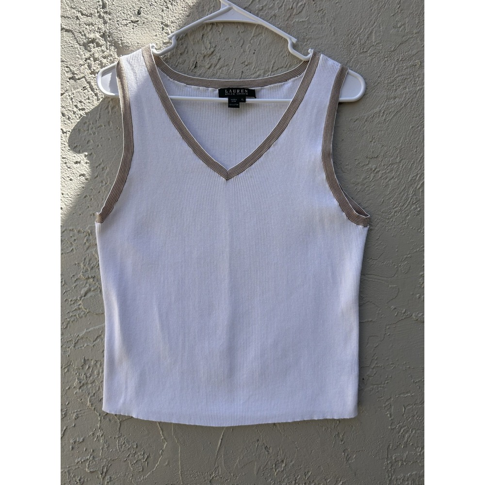 Lauren Ralph Lauren White Ribbed Cotton V-Neck Tank Top Tan Trim XL